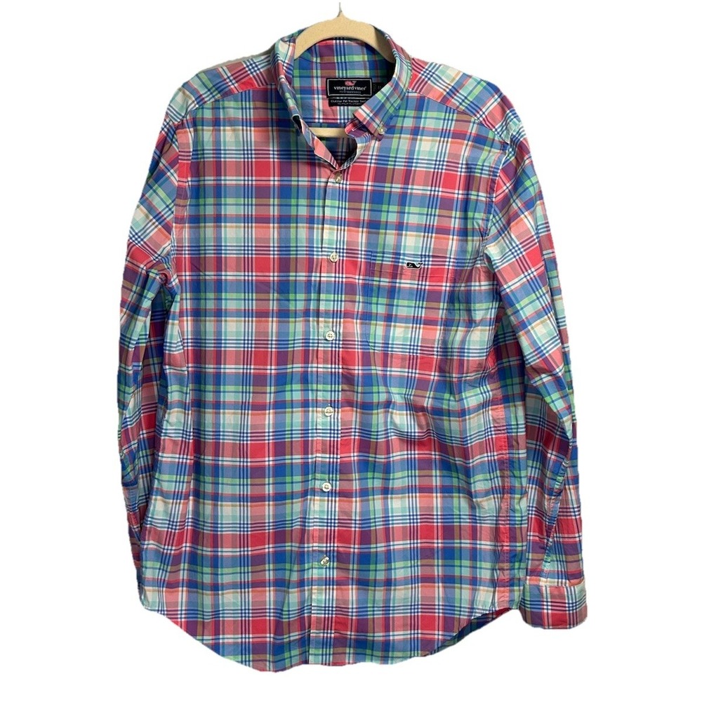 Vineyard Vines Performance Shirt Men's Medium Blue Pink Plaid Classic Fit Tucker